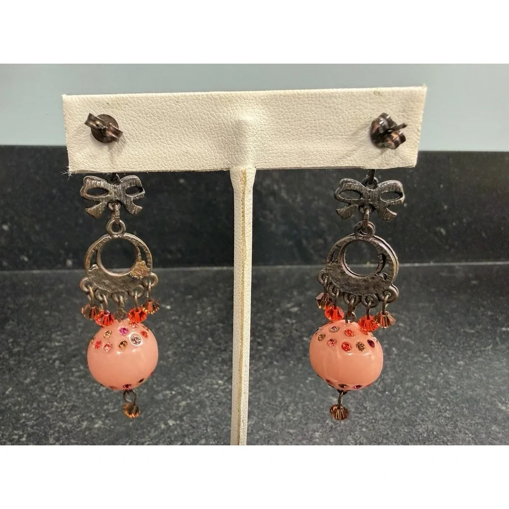 Unmarked Rhinestone Dangle Earrings Pink Bead Bow Chandelier 2.5